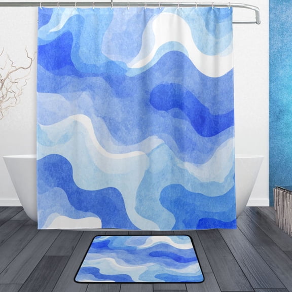 TTYFWHD 60" x 72" Shower Curtain and Bath Mat Set Ocean Wave Texture Print Waterproof Bathroom Curtain with 12 Hooks, Bathroom Decor Set