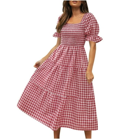 

Fesfesfes Summer Dress for Women Square Neck Plaided Print Long Dress Casual Pleaded Corset Ruffle Splicing Dress Loose Lantern Short Sleeve Long Dress