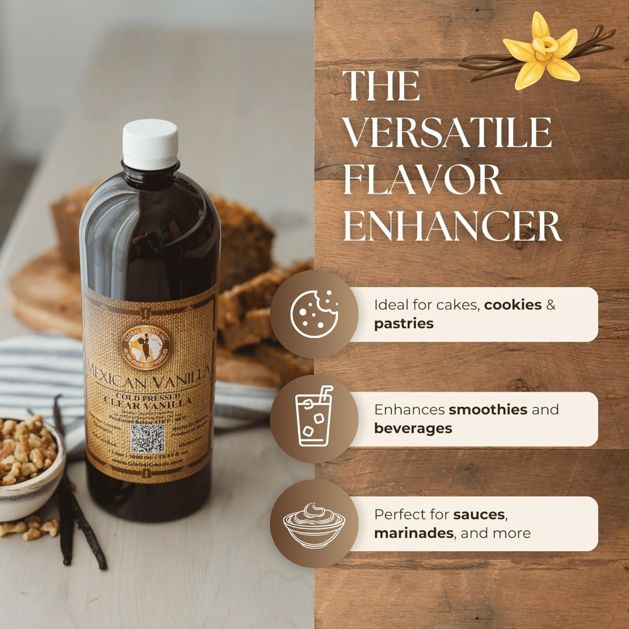 Pure Clear Mexican Vanilla Extract Gluten Free, Coumarin Free Vanilla for Baking 33.81 fl oz bottle