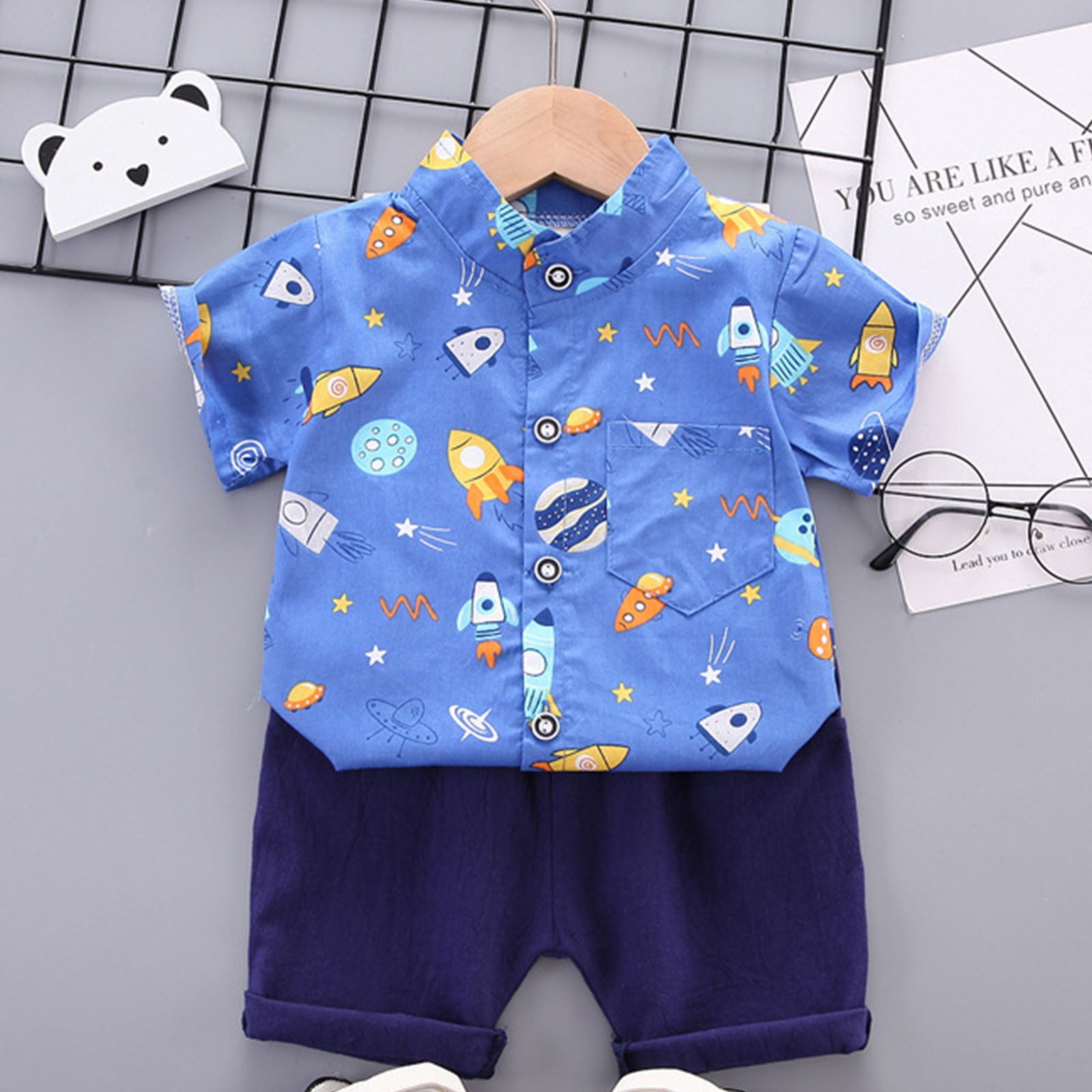 Toddler Boys Outfits, Kids Boy Clothes, Short Sleeve Casual Shirts for Kids 3-11 Years Boy Children's Short Sleeved Shirt Pants, Light Blue, 3 Years
