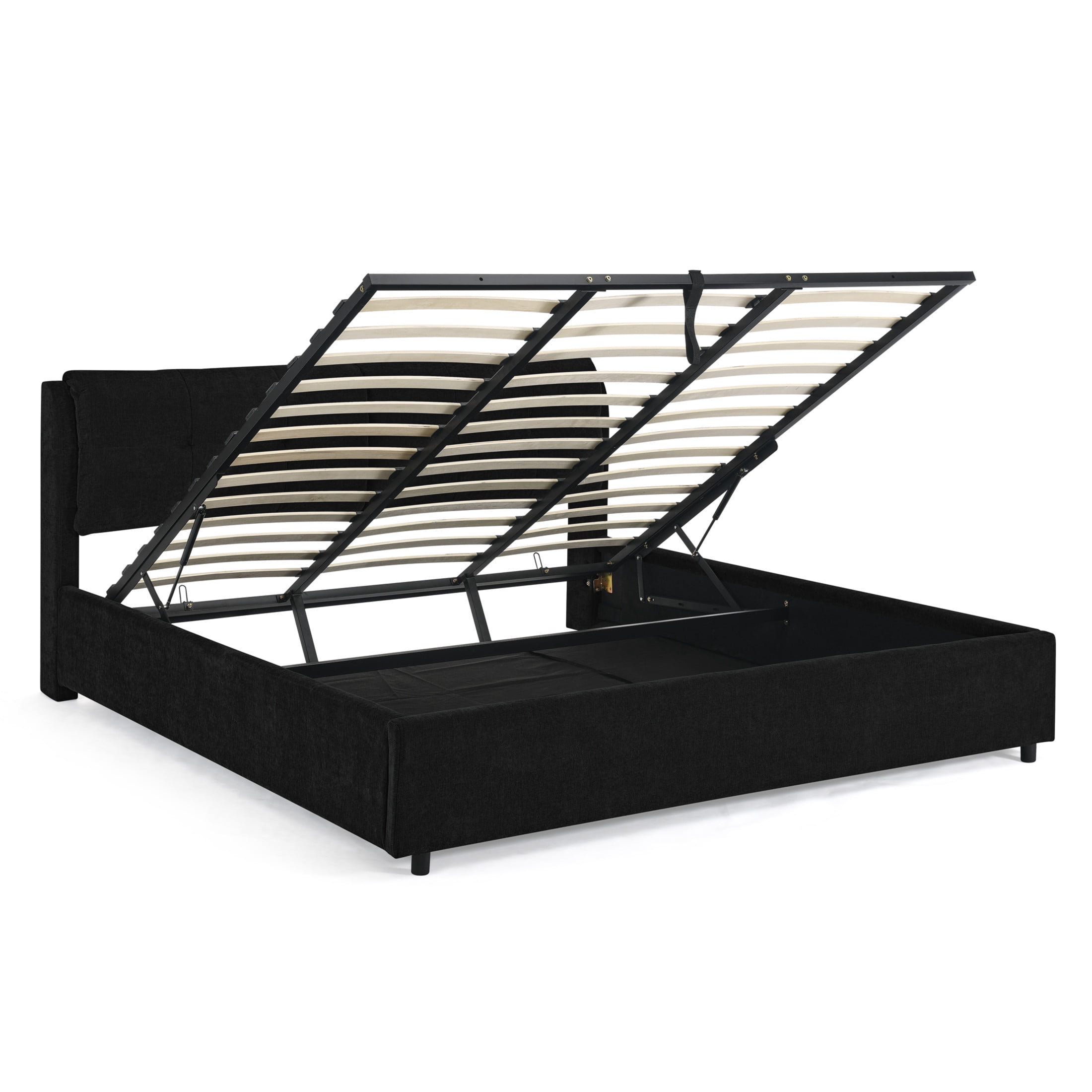 Noble House Gerret King Size Chenille Storage Platform Bed, Hydraulic Bed Frame with Hidden Underbed Drawer, Black