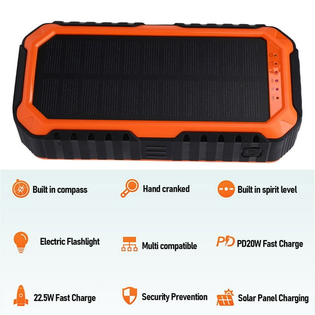 Power Bank, Hand Crank 20000mAh LED Light 4 Cables Compass Spirit Level Solar Power Bank for Travel Orange,Black