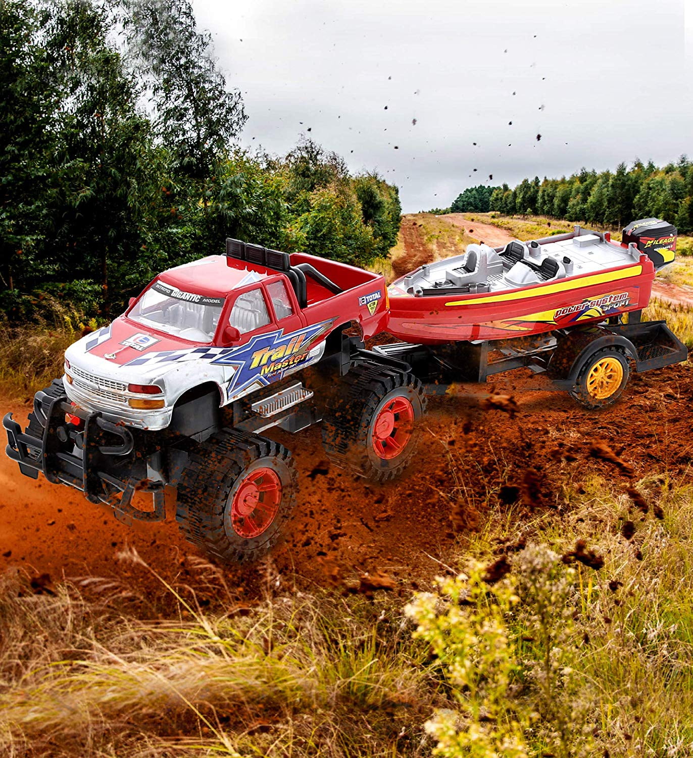 Mozlly Monster Truck Toys Set with Trailer Toy Boat - Friction Powered Hauling Truck and Trailer Toy, Big Toy Monster Truck with Boat, Adventure Truck Pulling Boat Toy Monster Trucks for Kids - 9 Inch