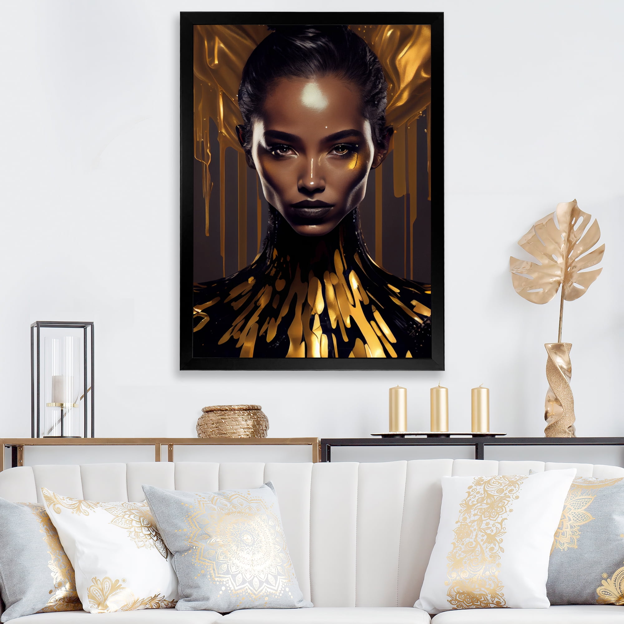 Designart Sensual Liquid Gold Woman III Framed Wall Art