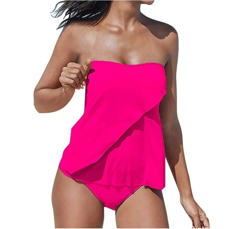 FNFYFH Clearance Plus Size Tankini Swimsuits for Women Strapless Tummy Control Bathing Suits with Capris Shorts Summer Flowy Modest Swimsuits Swimwear Solid Color Swimdress S-5XL