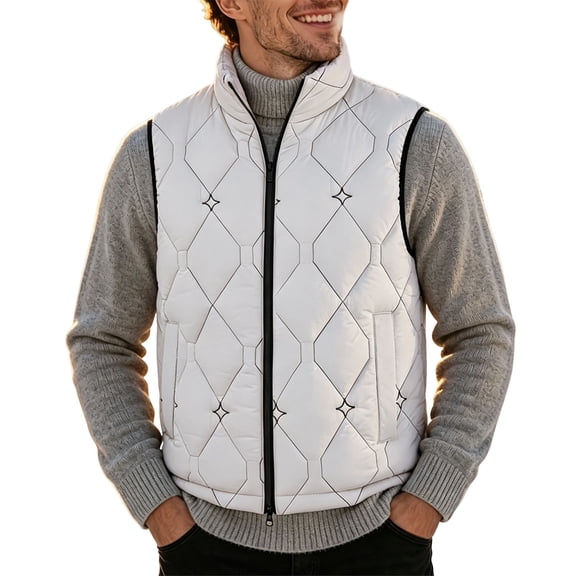 USNSM Quilted Puffer Vest Men Fall Winter Warm Sleeveless Stand Up Collar Zipper Lightweight Outwear Padded Cotton Jackets White L