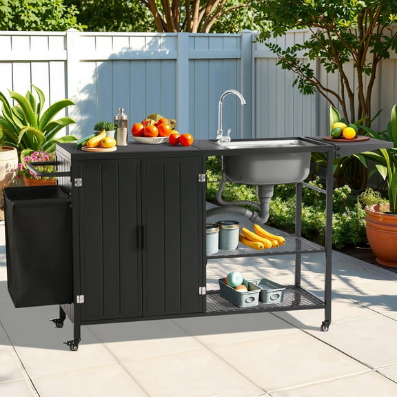 Metal Grill Cart with Sink, Outdoor Kitchen Island with Storage Cabinet, Bar Cart Grill Station with Foldable Side Table and Wheels, Outdoor Grill Table For Garden,Patio