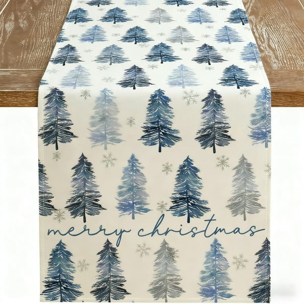 Camino de Mesa Navideño de 33 X 183 Cm | Decoración Navideña de Poliéster Multicolor | Diseño de Copos de Nieve y Árboles Invernales | Decoración Duradera y Lavable para Fiestas En La Cocina