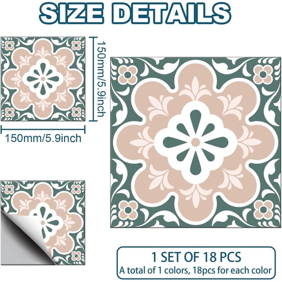 1 set 18pcs Pink Green Geometric Flowers Tile Stickers Waterproof Tile Stickers Self Adhesive Peel and Stick for Kitchen Bathroom Bedroom Wall Floor Decoration Floral 6X 6inch
