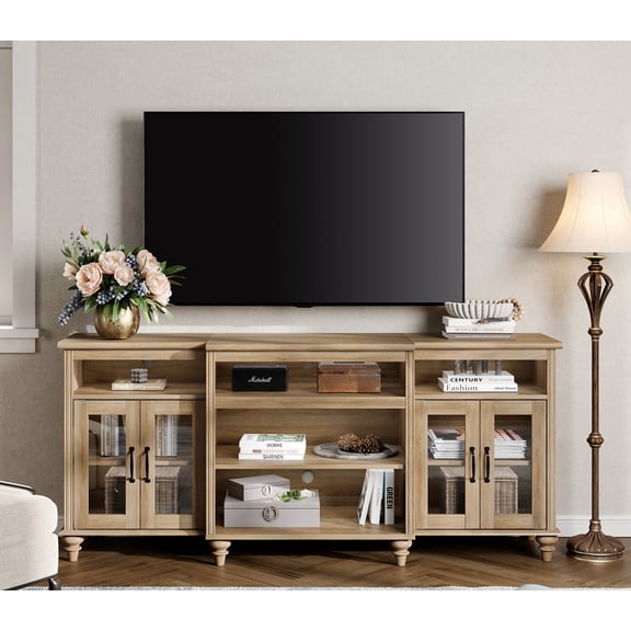 Farmhouse TV Stand for TVs Up to 75 inch, 4-Door Glass and Wood Universal TV Console with 9 Storage Cabinets, Entertainment Center Table for Living Room Bedroom, Oak