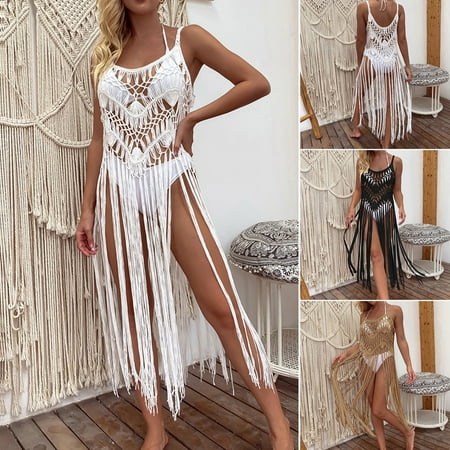 sunsanly Women Beach Dress Hollow Out See-through Sleeveless Long Tassel Knitted Sunscreen Solid Color Slim Fit Summer Bikini Cover Up Women Garment