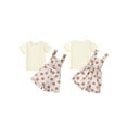 thumbnail image 3 of Aojekbee Toddler Girl Summer Outfit Solid Color Ribbed Short Sleeve Tops and Flower Print Suspender Shorts Overalls 2Pcs Clothes Set, 3 of 10