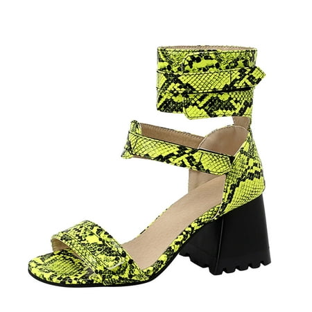 

Dyfzdhu Ladies Fashion Snakeskin Leather Hollow Open Toe Thick High Heel Hook Loop Roman Sandals