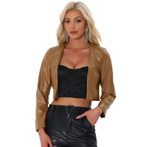 DARING DIVA Women's Long Sleeve Short Moto Biker Cropped PU Jackets S Brown