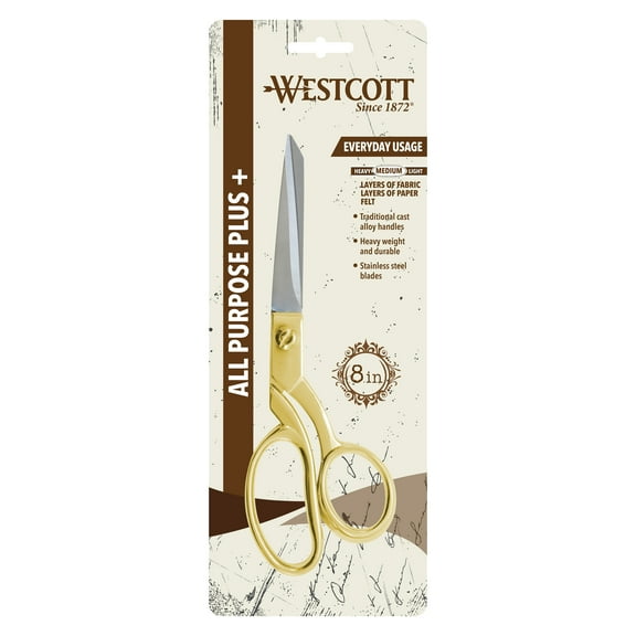 Westcott 8" Fabric Scissors, Stainless Steel, Fashion, Bent, for Sewing or Office, Gold, 1-Count