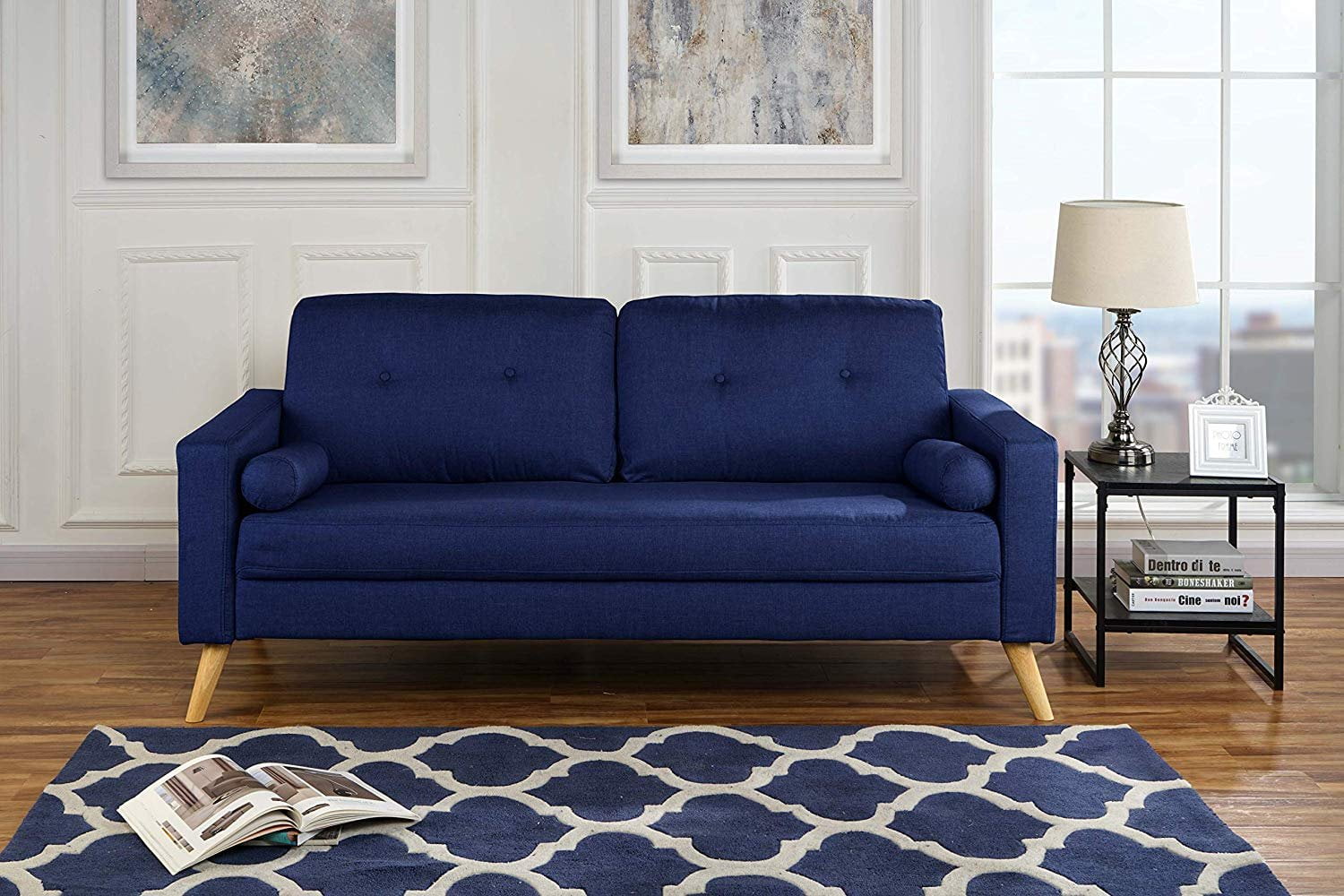 Modern Living Room Fabric Sofa Couch With Tufted Buttons Dark Blue