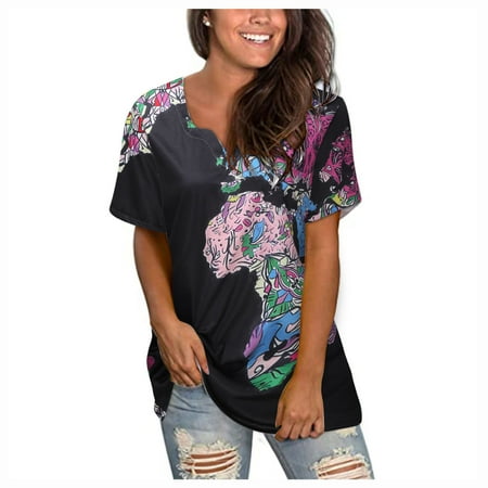 

koaiezne Women s Summer Casual Boho Map Print Short Sleeve Loose T-Shirt Blouse Top Corduroy Button up Shirt Women Long Sleeve Scrub Shirts for Women
