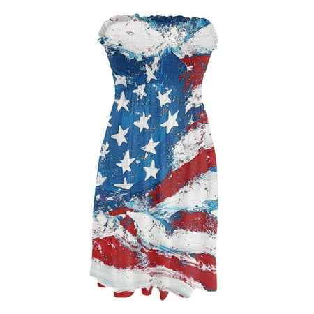 CHCNHAC Independence Day Tube Dresses for Women Red White and Blue Graphic Dresses Patriotic Flattering Flowy Swing Strapless Prom Party Gown Wine L