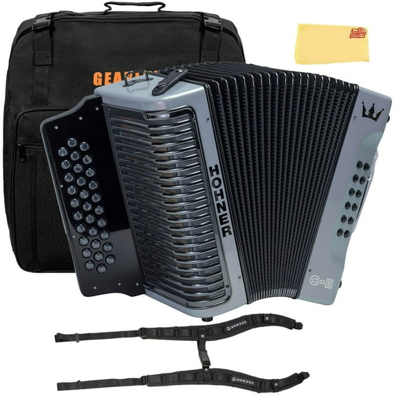 Hohner Corona C-II F/Bb/Eb Accordion - Silver Rainbow Bundle with Gig Bag, Adjustable Straps, and Austin Bazaar Polishing Cloth