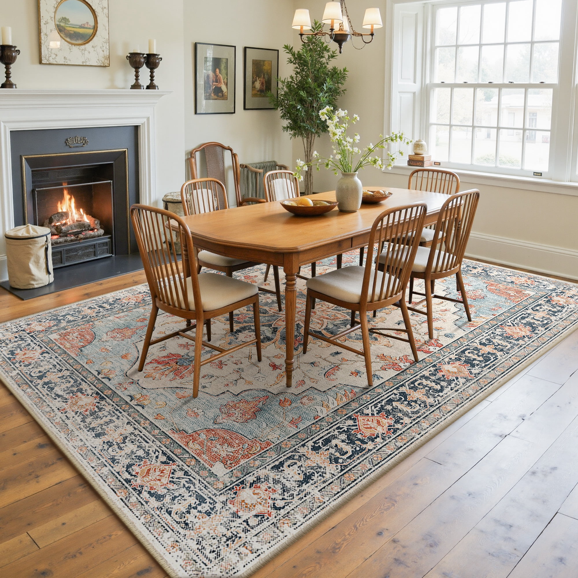 NewBuros 6'x9' Washable Area Rug for Living Room, Non Slip Vintage Distress Print Pattern Floral Rug, Soft Low Pile Indoor Carpet for Bedroom Dining Room, Beige Colorful
