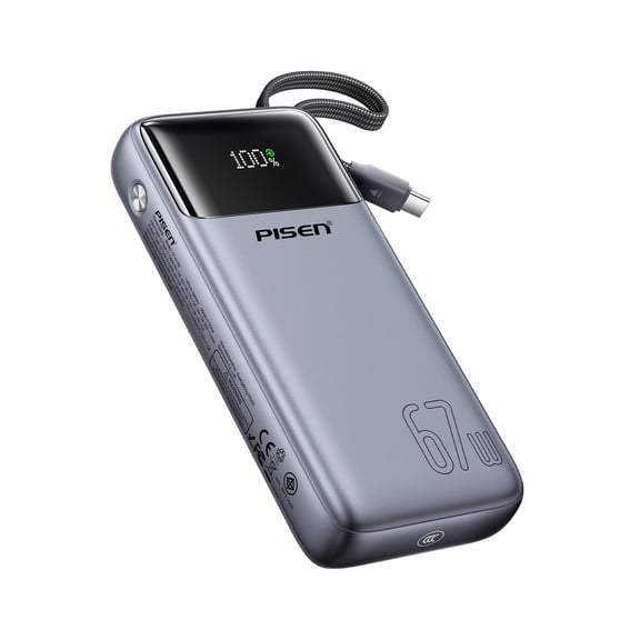 PISEN 20000mAh 3C Certified Power Bank, 67W Fast Charging Portable Charger with Built-in USB-C Cable, LED Display Travel Battery Pack for MacBook, iPhone, Samsung, Android Devices