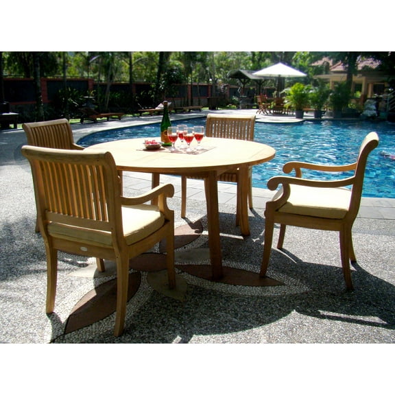 Teak Dining Set:4 Seater 5 Pc - 48" Round Table And 4 Giva Arm / Captain Chairs Outdoor Patio Grade-A Teak Wood WholesaleTeak #WMDSGV3