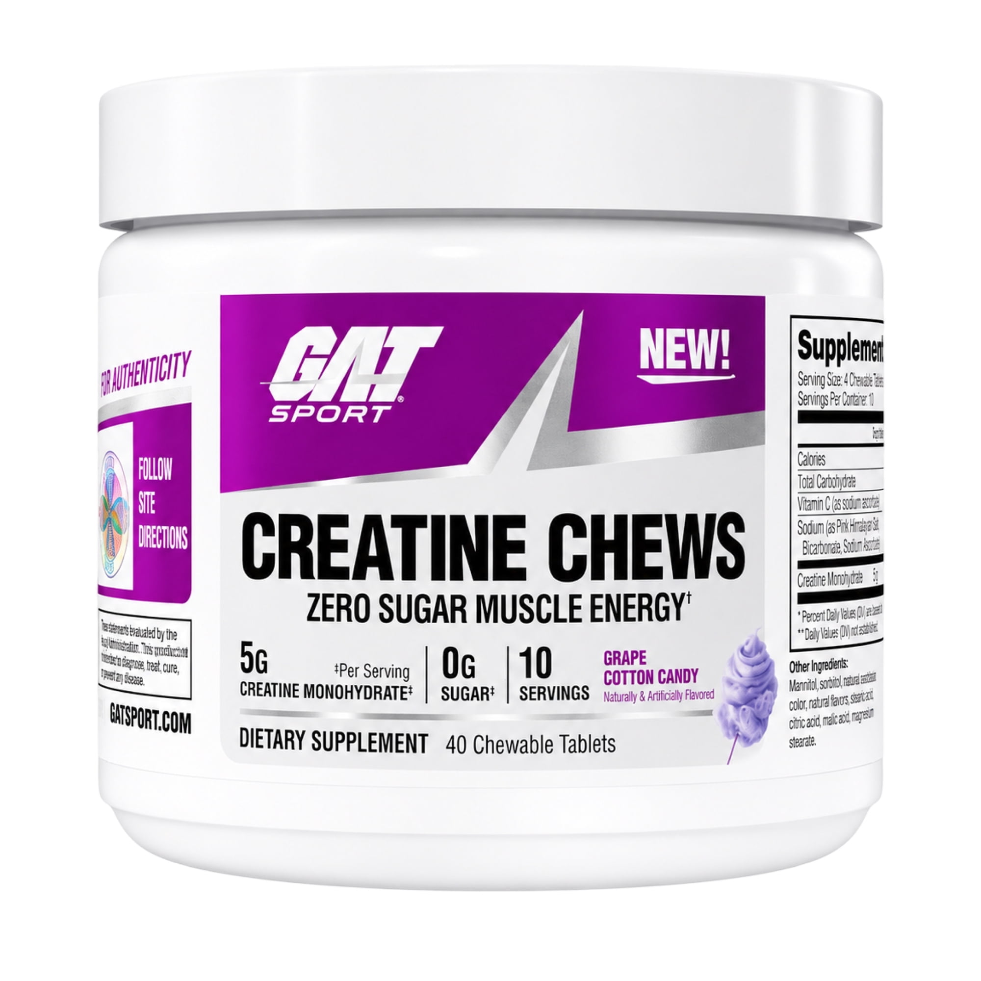 GAT SPORT CREATINE CHEWS, Grape Cotton Candy, 40 Tablets (10 Servings)