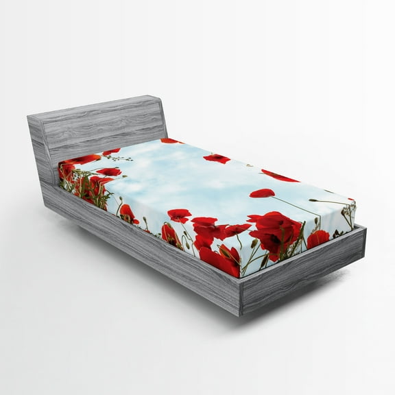 Ambesonne Poppy Flower Fitted Sheet, Meadow Flowers Cottage, Twin Size, Vermilion Pale Blue
