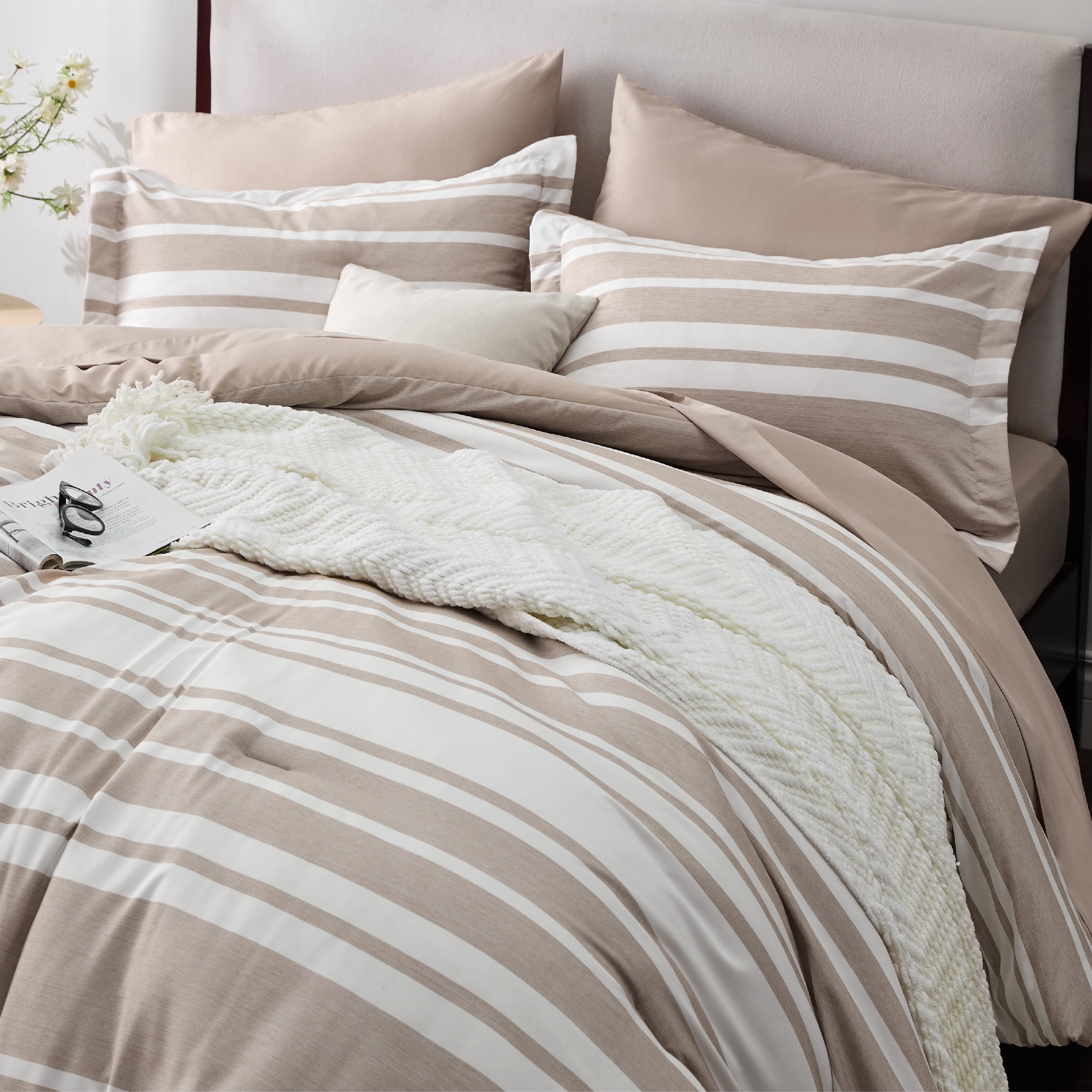 U by Bedsure Full Comforter Set, 7 Pieces Brown White Striped Bedding Sets All Season, Bed in a Bag with Comforter, Sheets, Pillowcases & Shams