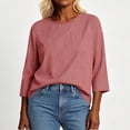 thumbnail image 3 of GERsome Women's Striped Shirts 3/4 Sleeve Crew Neck Comfy Cotton Linen Casual T-Shirts Loose Fit Red L, 3 of 5