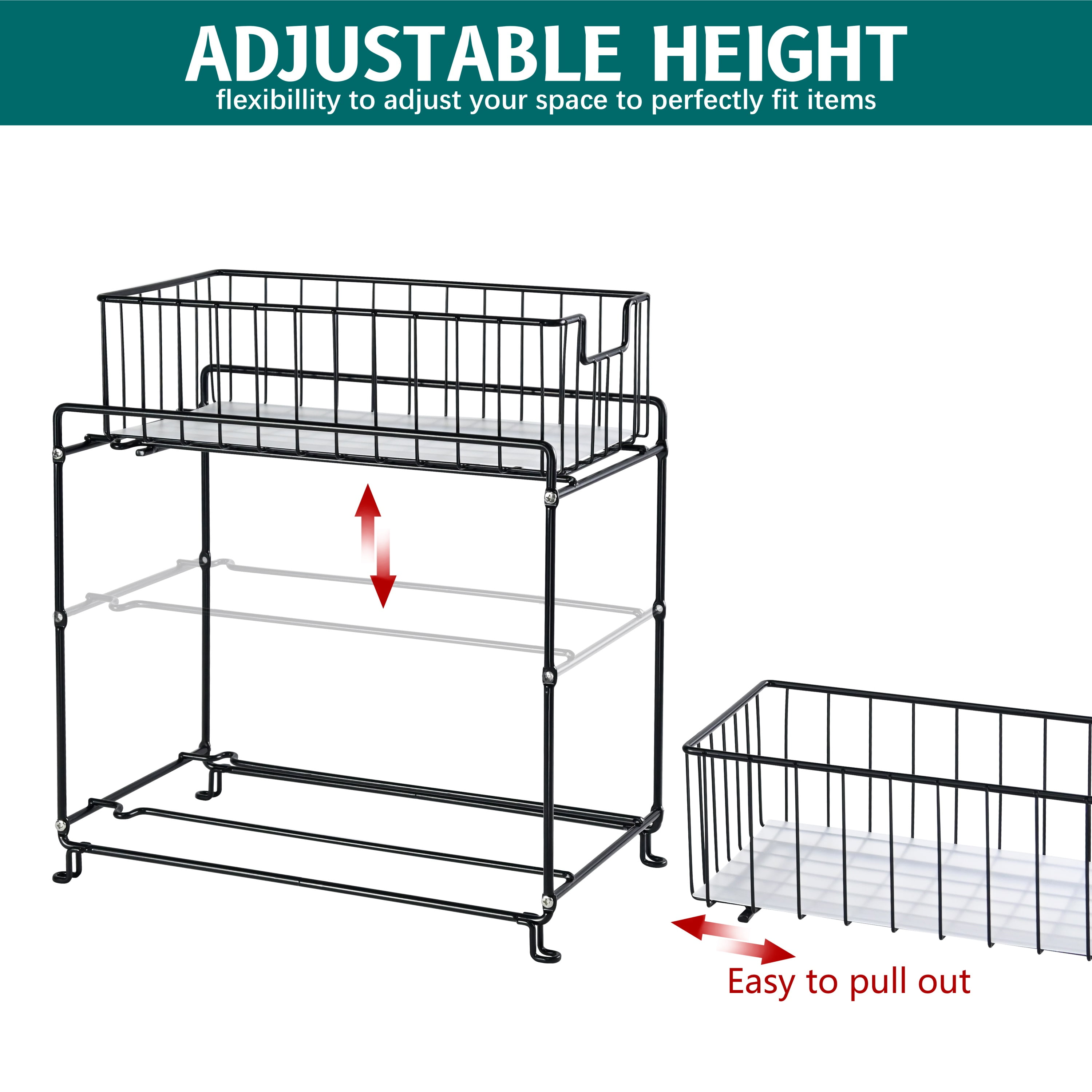 2-Tier Under Sink Organizers and Storage, 2 Pack Pull-Out Cabinet Organizer, Stackable Sliding Drawer Shelf for Kitchen,Bathroom, Black