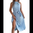 thumbnail image 3 of Vestido de Cóctel Midi Plisado con Cuello Halter, Sin Mangas y Corte en A para Mujer, para Playa y Sol (Verano 2025) Azul L, 3 of 10