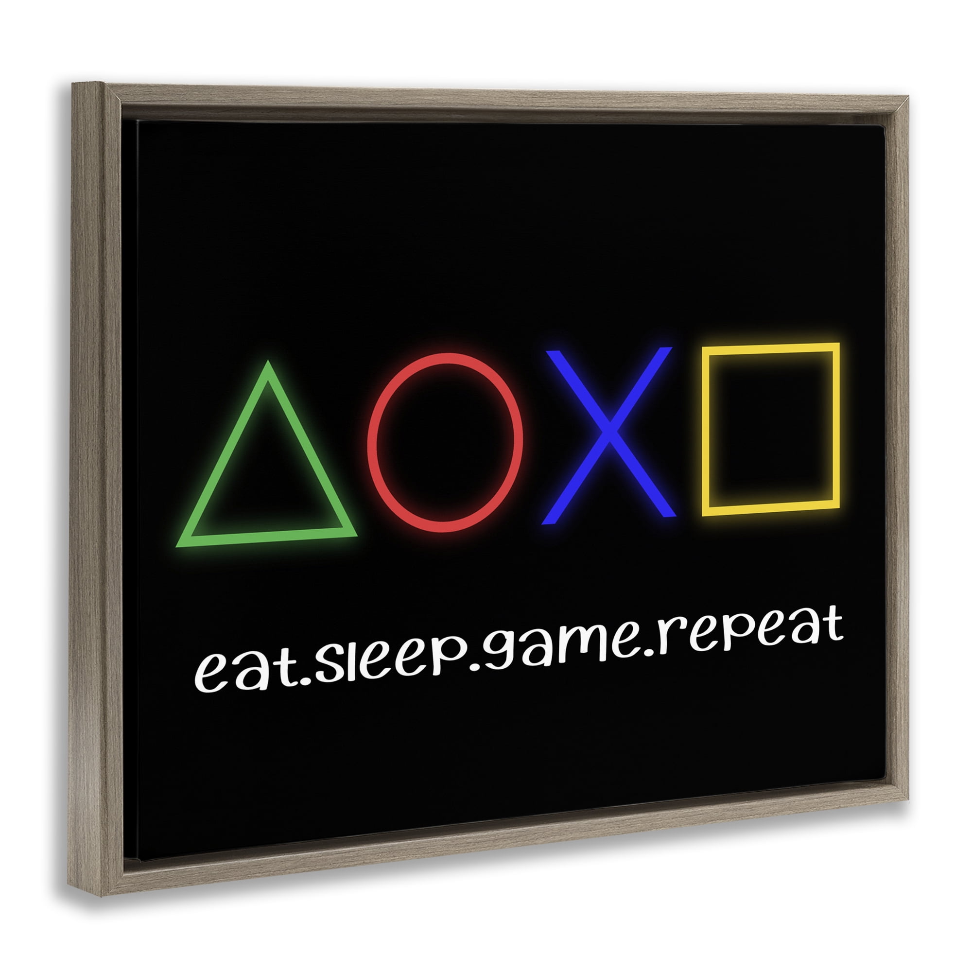 Neon Gaming Symbols & Words Brown Framed Floater Canvas Wall Art, design by Christine Simpson Art