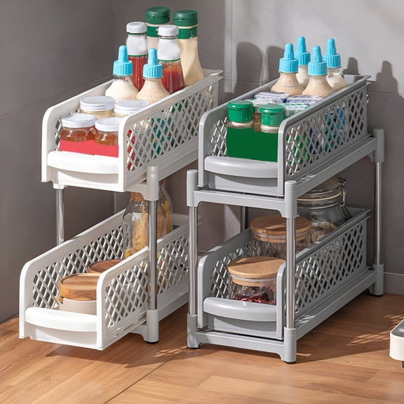 LAMIRO Pull-Out 2-Tier Under-Sink Organizer with Dividers,Bathroom Sliding Storage Container