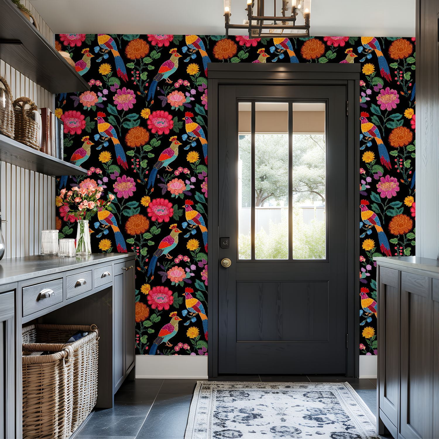 Mexican Peel and Stick Wallpaper Colorful Vibrant Floral Dark Wall Mural 17.7in x 9.8ft Self Adhesive Removable Wall Paper Renter Friendly Wallpaper for Nursery Bedroom Cabinets