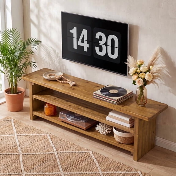 TRIBEWOOD 63" Solid Wood TV Stand for 75" TVs, with 3-Tier Storage Shelves