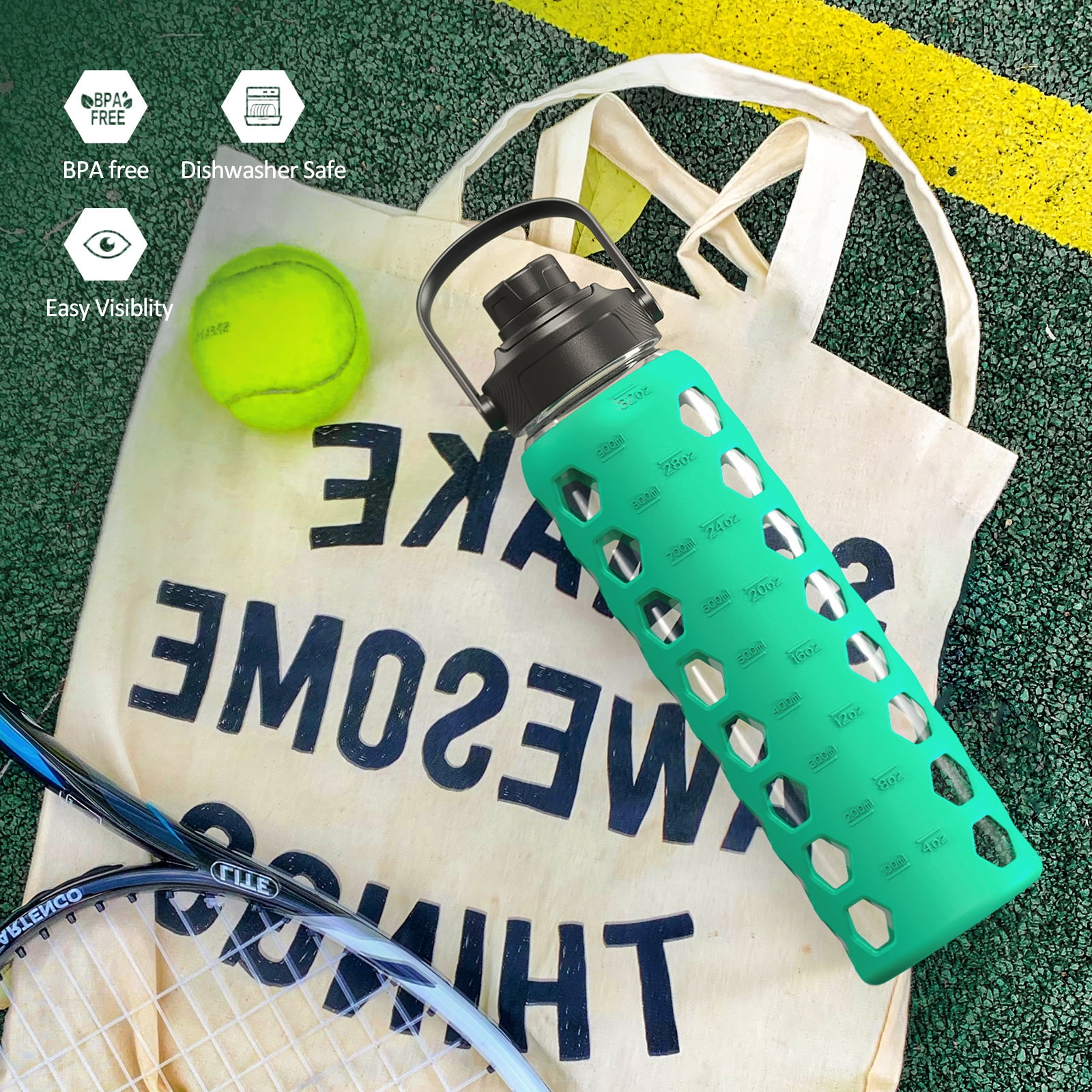 MUKOKO 32oz Glass Water Bottles, Motivational Water Tumbler with 2 Lids-Handle Spout Lid&Bamboo Straw Lid, Time Marker Reminder and Silicone Sleeve, Green