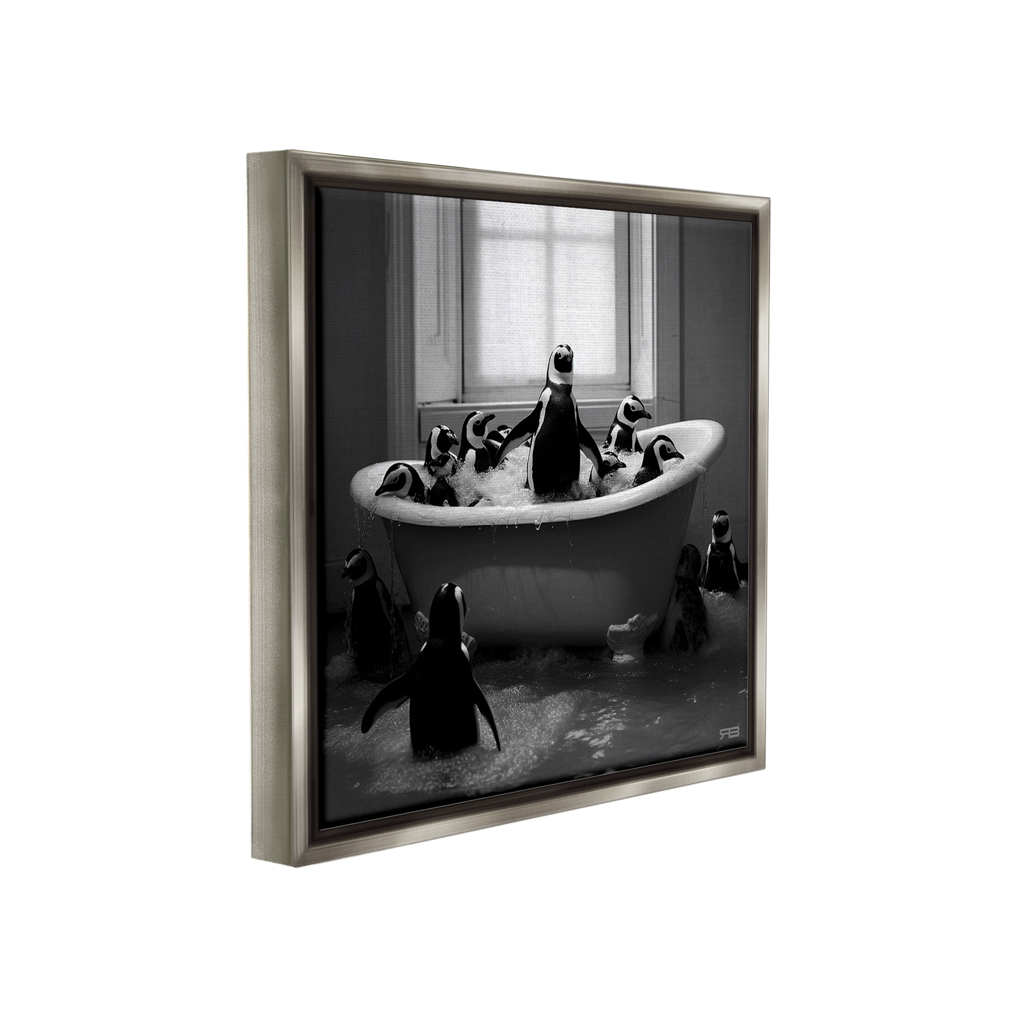 Stupell Industries Penguin Flock in Tub Animals & Insects Painting Gray Floater Framed Canvas Art Print Wall Art, 18 x 18