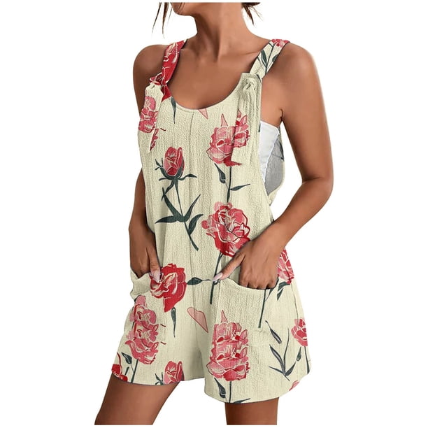 Pantalones Cortos de Mujer Casual Suspender Impresión Pantalones Cortos de Bolsillo, Pantalones Cortos de Mujer con Bolsillos