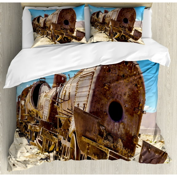 Vintage Duvet Cover Set, Rusty Old Abandoned Steam Train Locomotive Cemetery Railroad Wreck Picture Print, Decorative 3 Piece Bedding Set with 2 Pillow Shams, Queen Size, Blue Brown, by Ambesonne