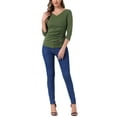 thumbnail image 2 of INSPIRE CHIC Women's Ruched Blouse Button Decor V Neck 3/4 Sleeve Solid Knit Top L Olive Green, 2 of 5