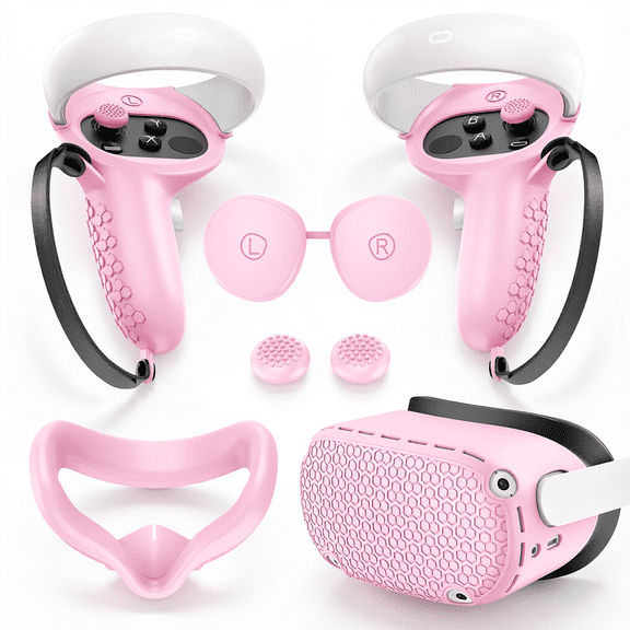For VR Silicone Accessory Kit Compatible with Meta Quest 2 Face Cushion Cover Controller Grips Lens Protective Cover Outer Shell Cover Thumb Stick Caps Pink