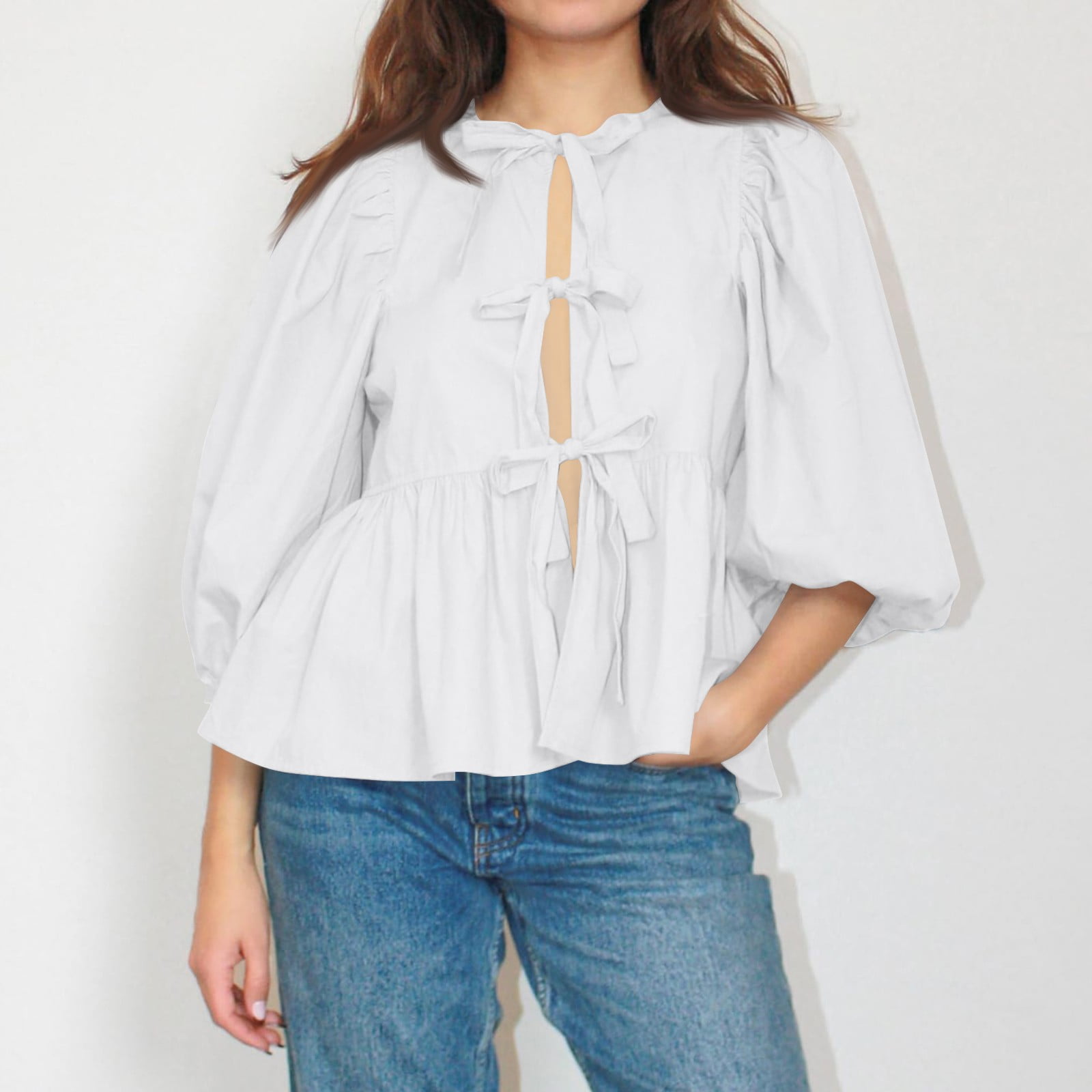 Mohiass Women Bow Tie Front Shirt Top Cute Puff Sleeve Y2K Mohiass Women Bow Tie Front Shirt Top Cute Puff Sleeve Y2K