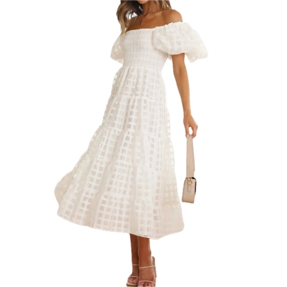 Women's Off Shoulder Midi Dress with Short Puff Sleeves Smocked Ruched Bodice True Midi Length 95% Polyester 5% Spandex