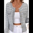thumbnail image 2 of Blazer de A Cuadros para Mujer, Elegante, Informal, con Botones Al Frente, Cuello Redondo, Larga, Tejido Texturizado Gris S, 2 of 9