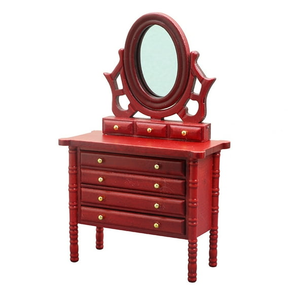 Trayknick 1:12 Miniature Dresser Mirror Drawer Design Stable Support Non-Fading Free Standing Dressing Table Model for Entertainment Red