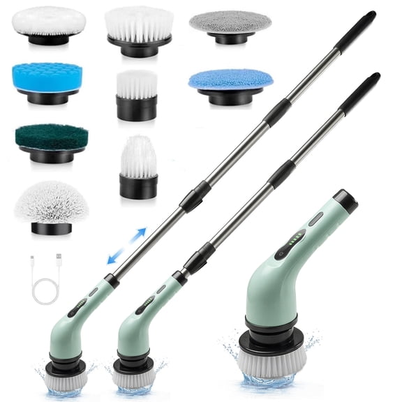G · PEH Electric Spin Scrubber, Cordless Cleaning Brush with 9 Replaceable Brush Heads, 3 Adjustable Lengths & 2 Speeds Power Scrubber for Shower Tub Tile