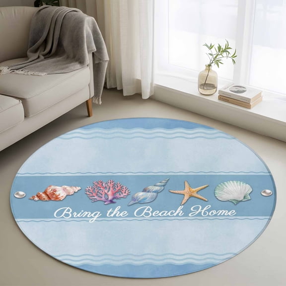 Round Rugs 3.3 Ft, Coastal Blue Striped Non Slip Area Rugs for Kitchen Bedroom Entryway, Ocean Sea Summer Starfish Coral Shells Washable Carpet Runner Rug Floor Mats for Bedroom Home Decor