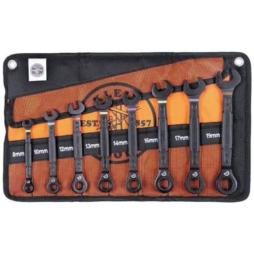 Klein Tools 69408MG Metric Ratcheting Combination Wrench Set, 8 to 19 mm, 90-Tooth Steel Alloy with Foam Pouch, 8-Piece