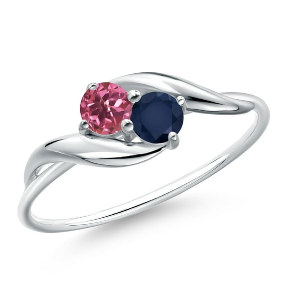 Gem Stone King 10K White Gold Round Pink Tourmaline and Blue Sapphire Ring for Women (0.37 Cttw, Round 3.5MM, Gemstone October Birthstone, Size 8)